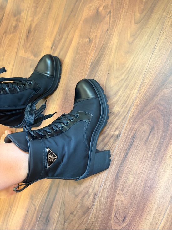 Prada Shoes - Prada Black Lace-Up Heel Boots with Logo Plaque